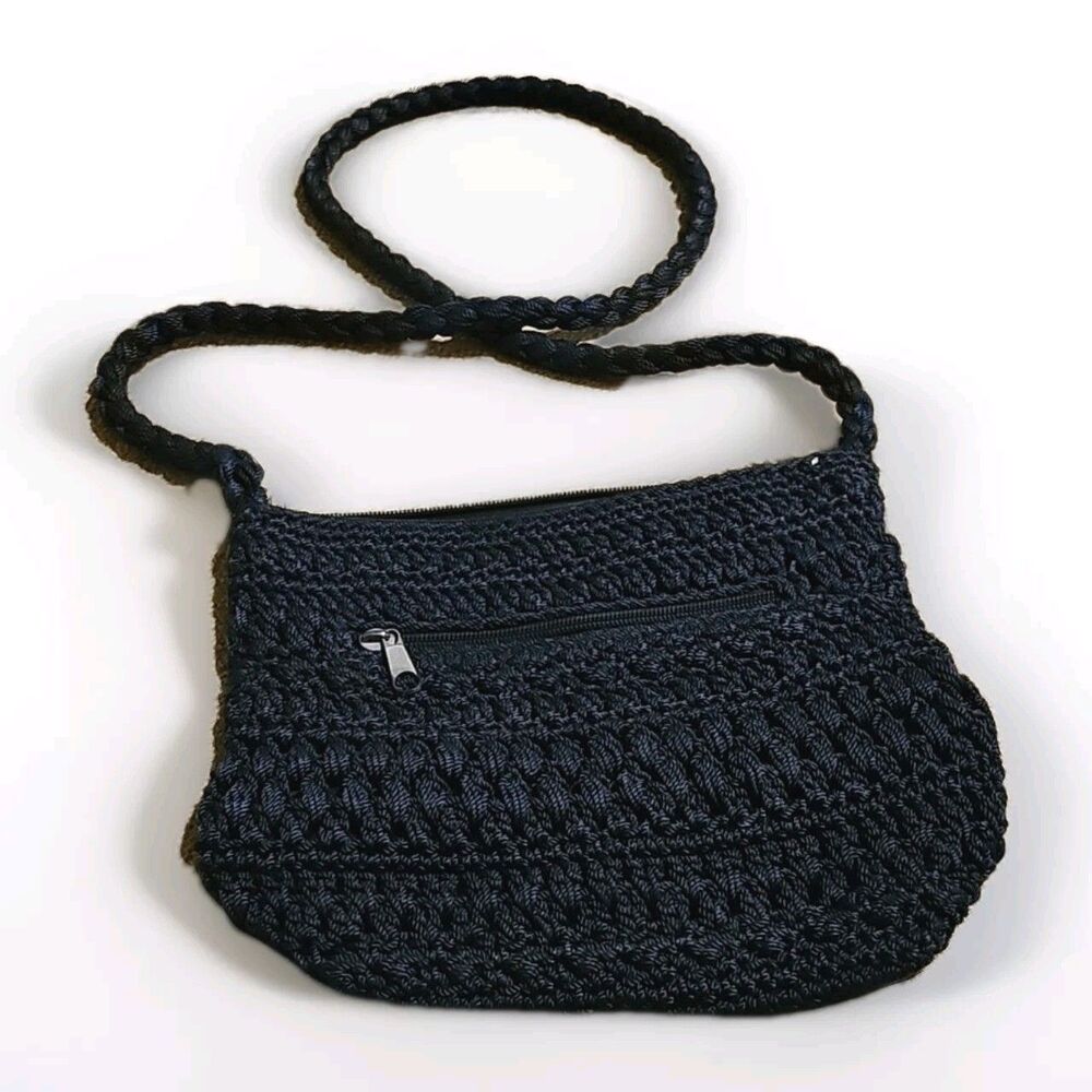 Lina Gimp Crochet Handbag Navy Blue Double Handle 5 Compartment Shoulder Bag